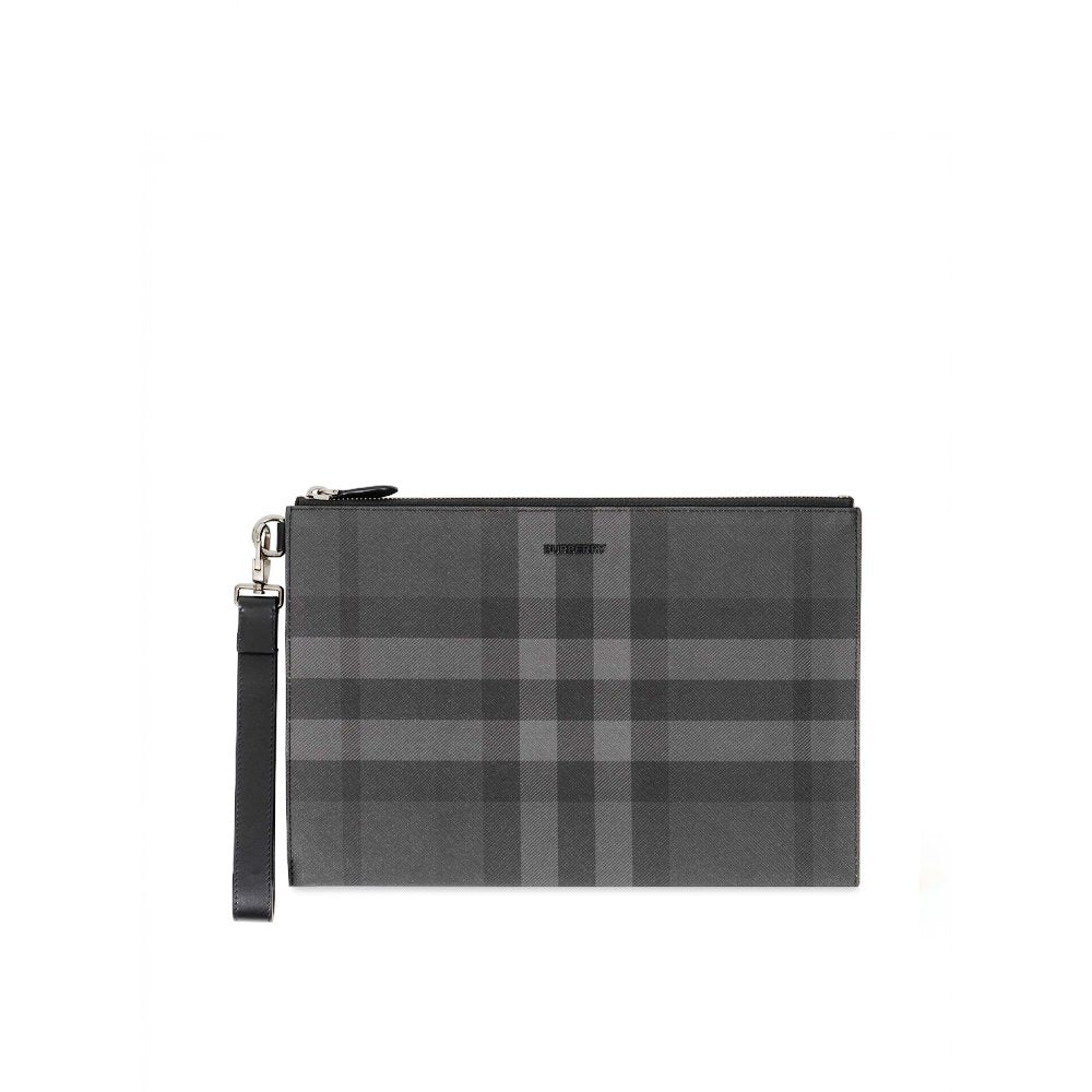 Burberry Edin Check E-canvas Pouch In Charcoal