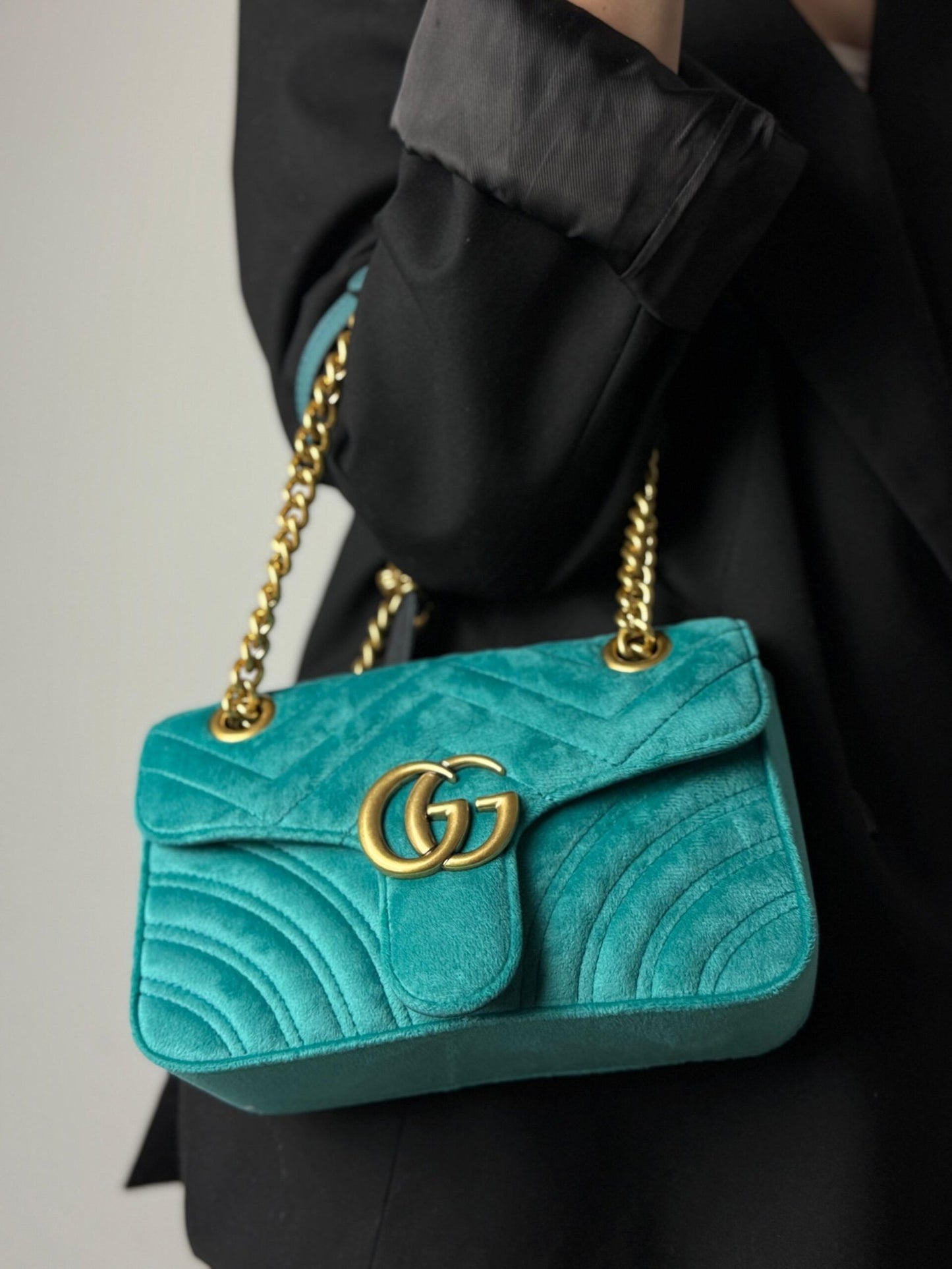 Gucci Marmont shoulder bag “Petrol Blue velvet”, MINI
