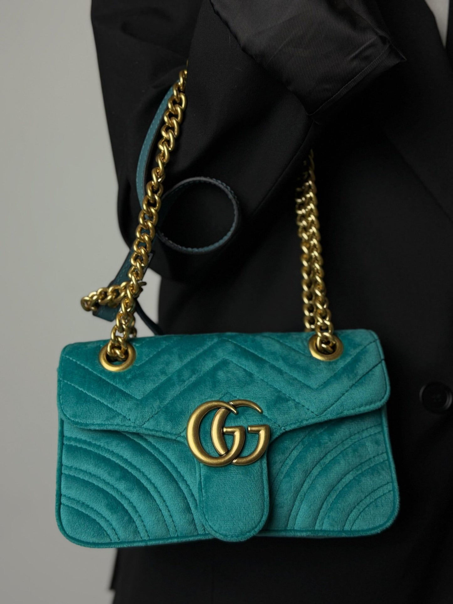 Gucci Marmont shoulder bag “Petrol Blue velvet”, MINI