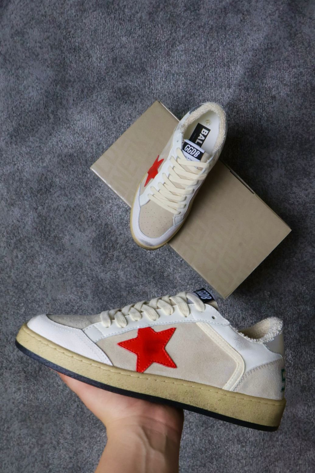 Golden Goose Taupe/White/Silver Red Star