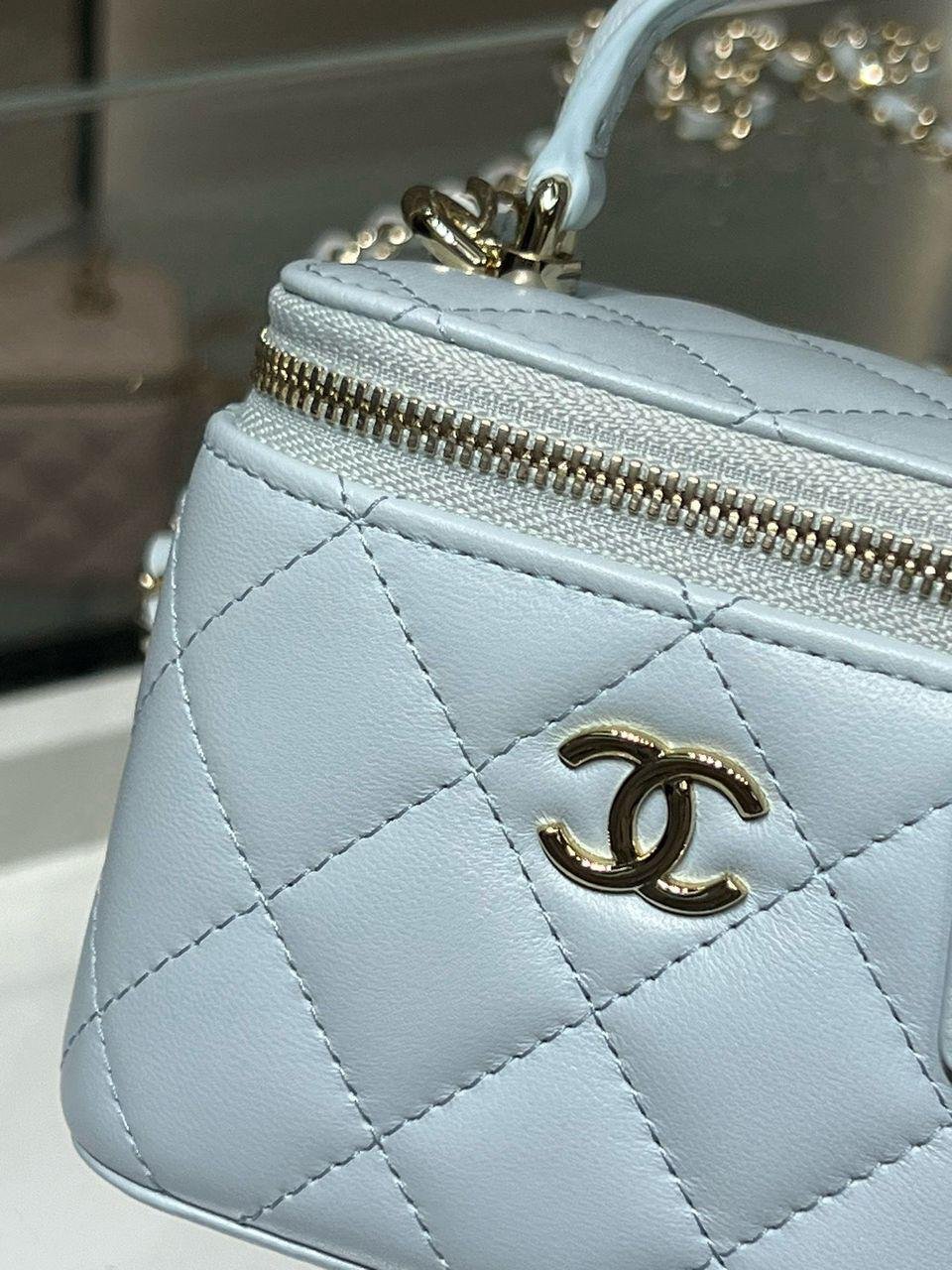 Chanel Mini Top Handle Vanity With Chain Light Blue Lambskin Gold Hard