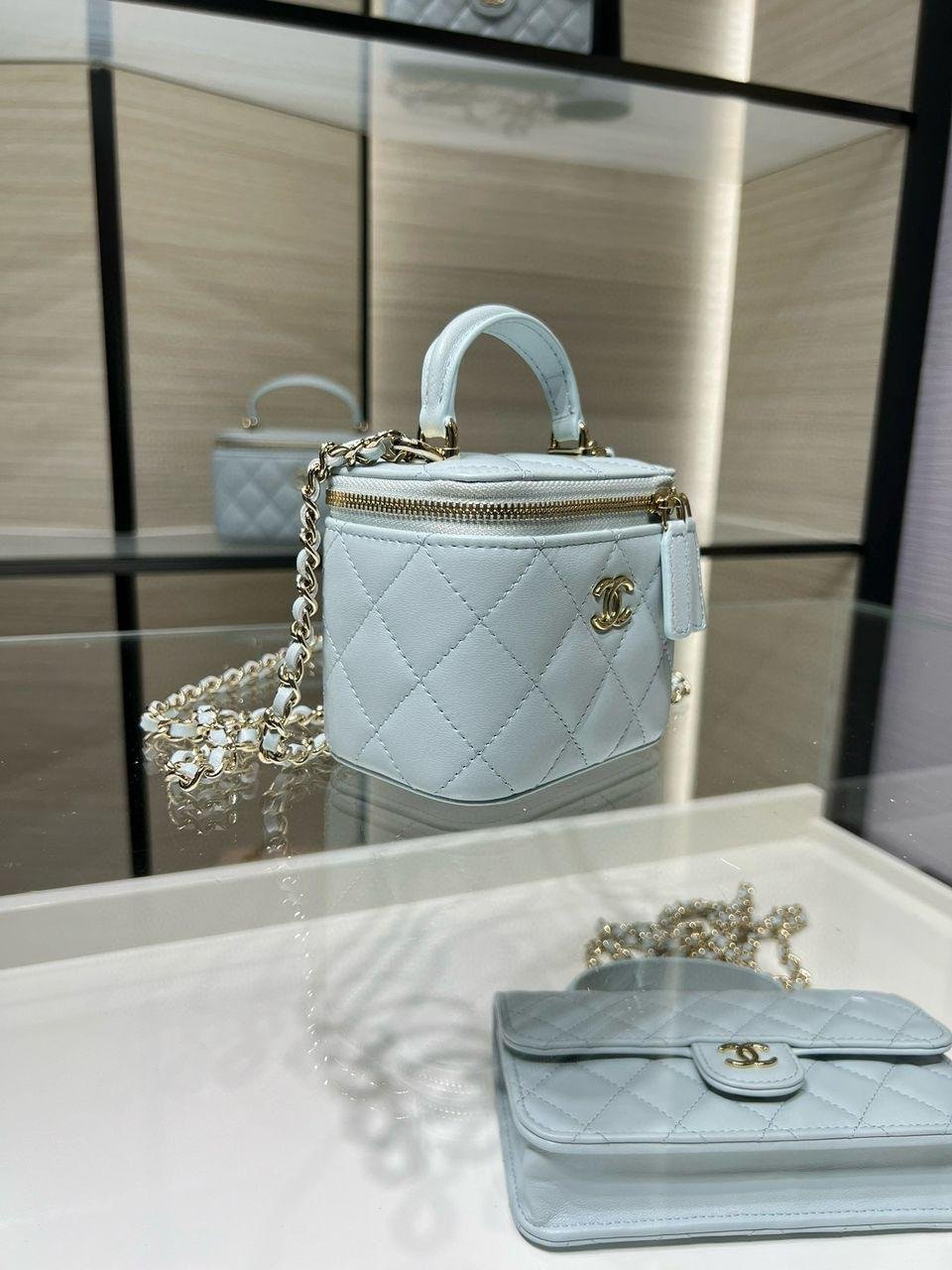 Chanel Mini Top Handle Vanity With Chain Light Blue Lambskin Gold Hard