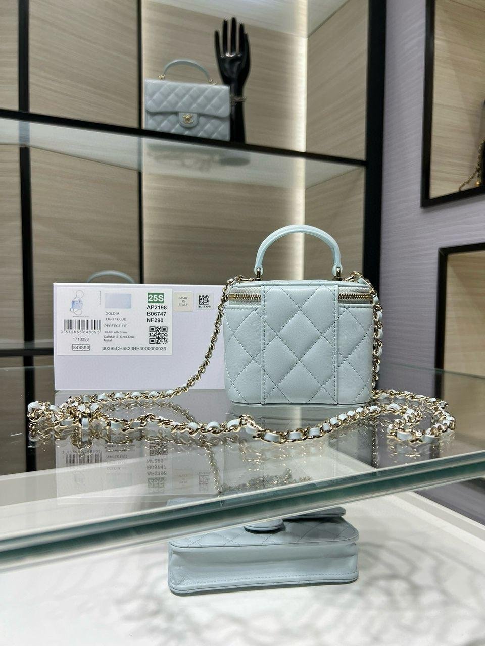Chanel Mini Top Handle Vanity With Chain Light Blue Lambskin Gold Hard