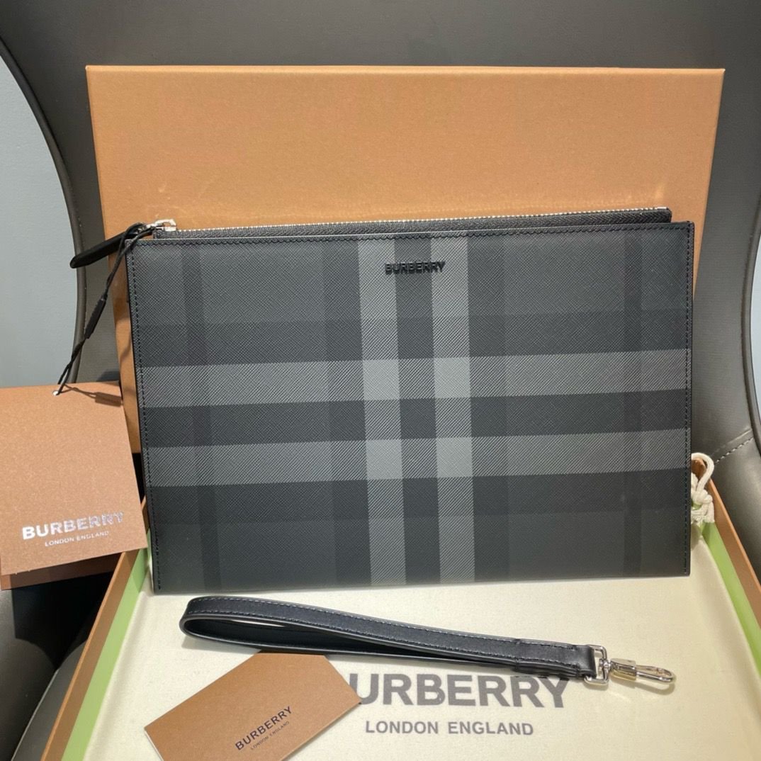 Burberry Edin Check E-canvas Pouch In Charcoal