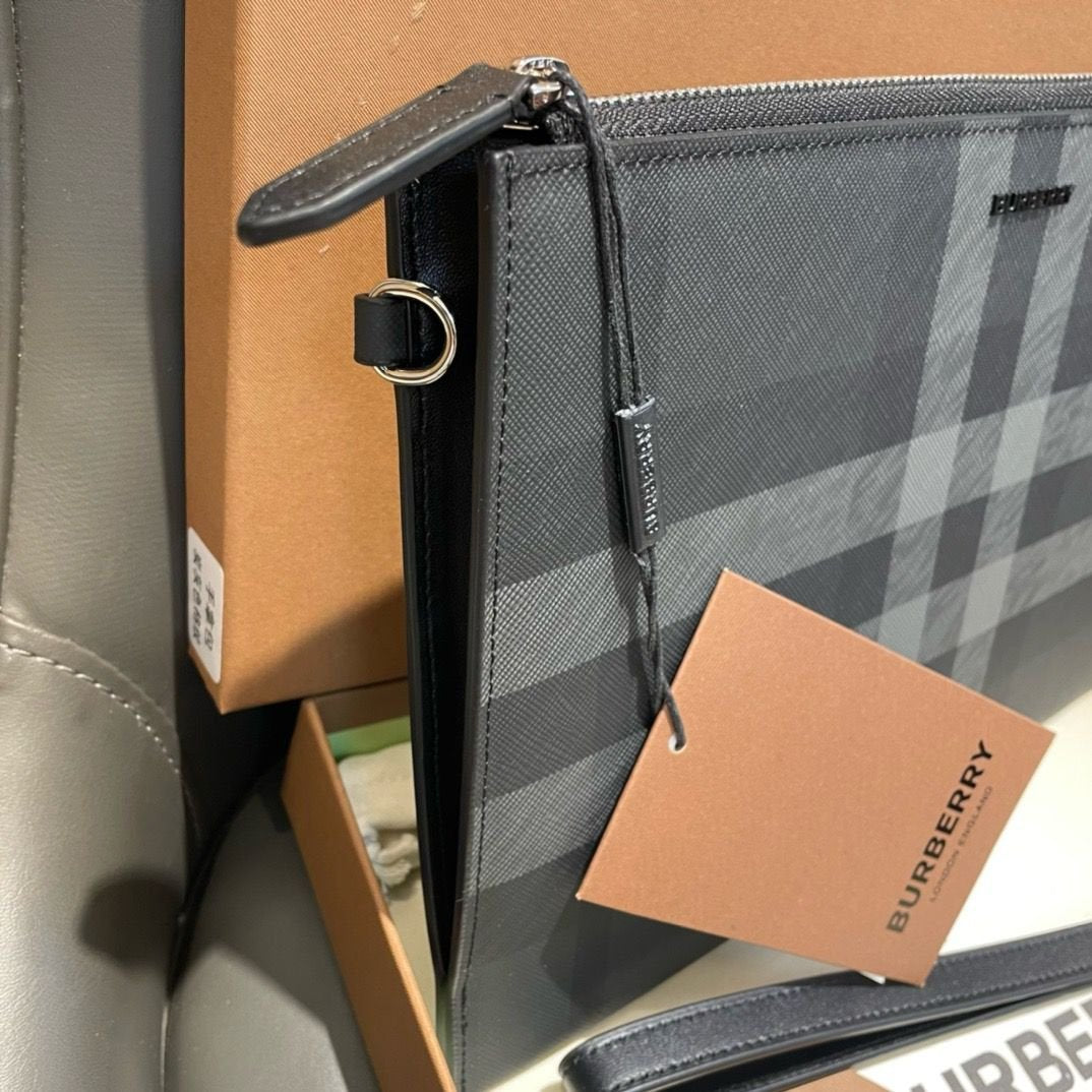 Burberry Edin Check E-canvas Pouch In Charcoal