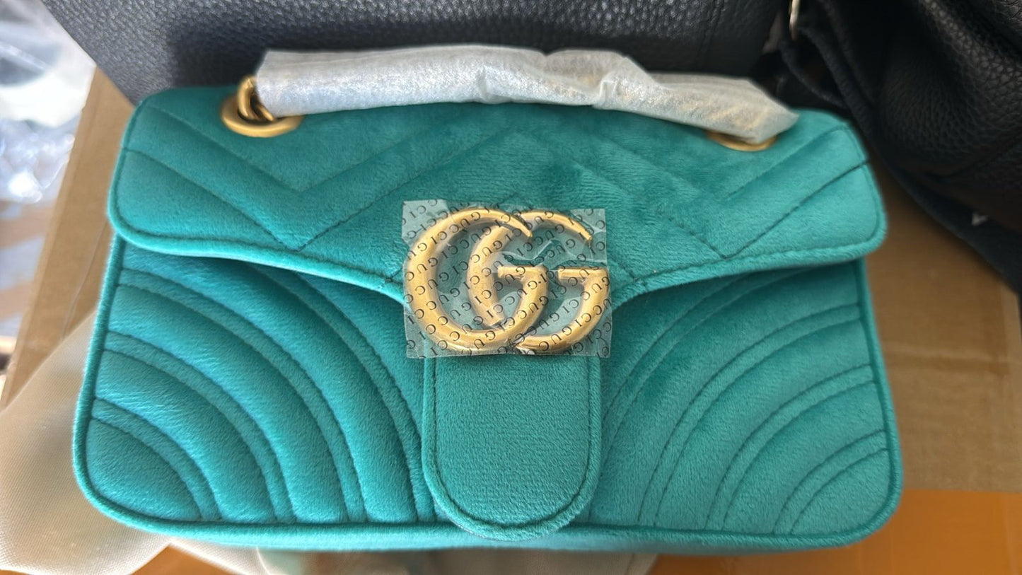 Gucci Marmont shoulder bag “Petrol Blue velvet”, MINI