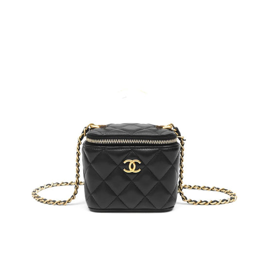 Chanel Mini Metal Vanity With Chain Black Lambskin Aged Gold Hard