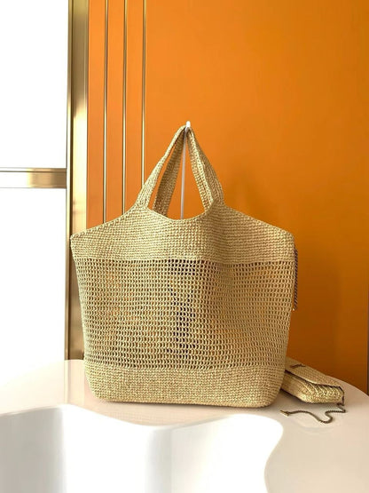 YSL Saint Laurent Natural Raffia Iace Shopping Tote