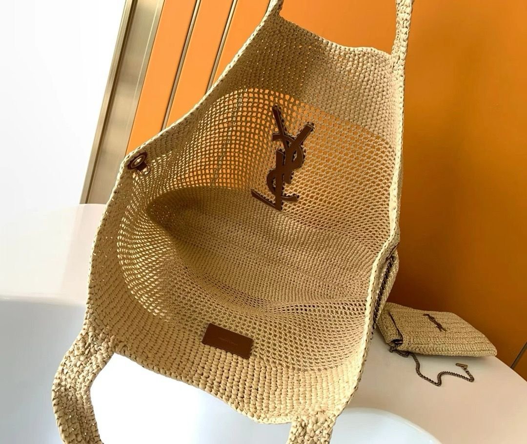 YSL Saint Laurent Natural Raffia Iace Shopping Tote
