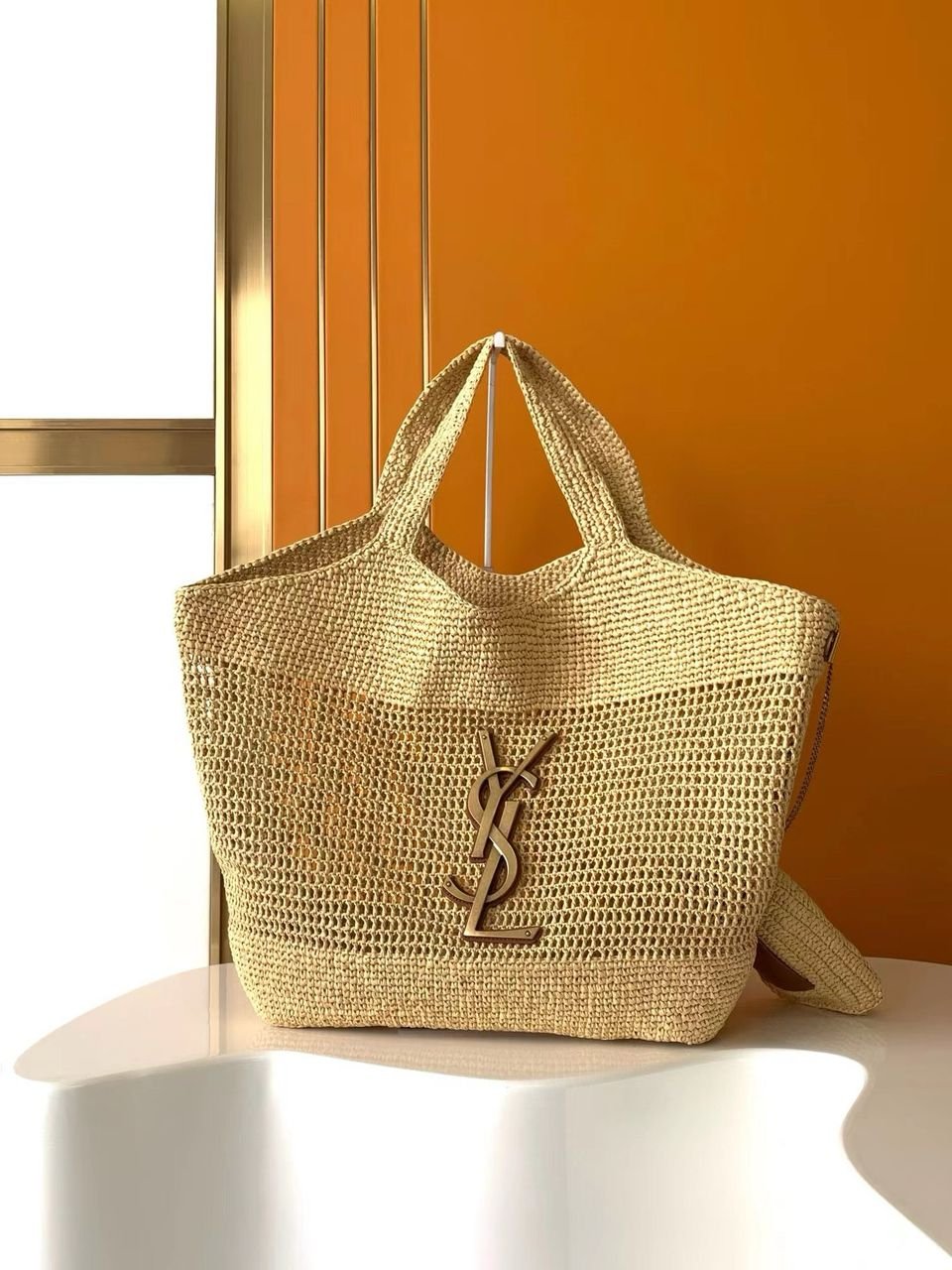 YSL Saint Laurent Natural Raffia Iace Shopping Tote
