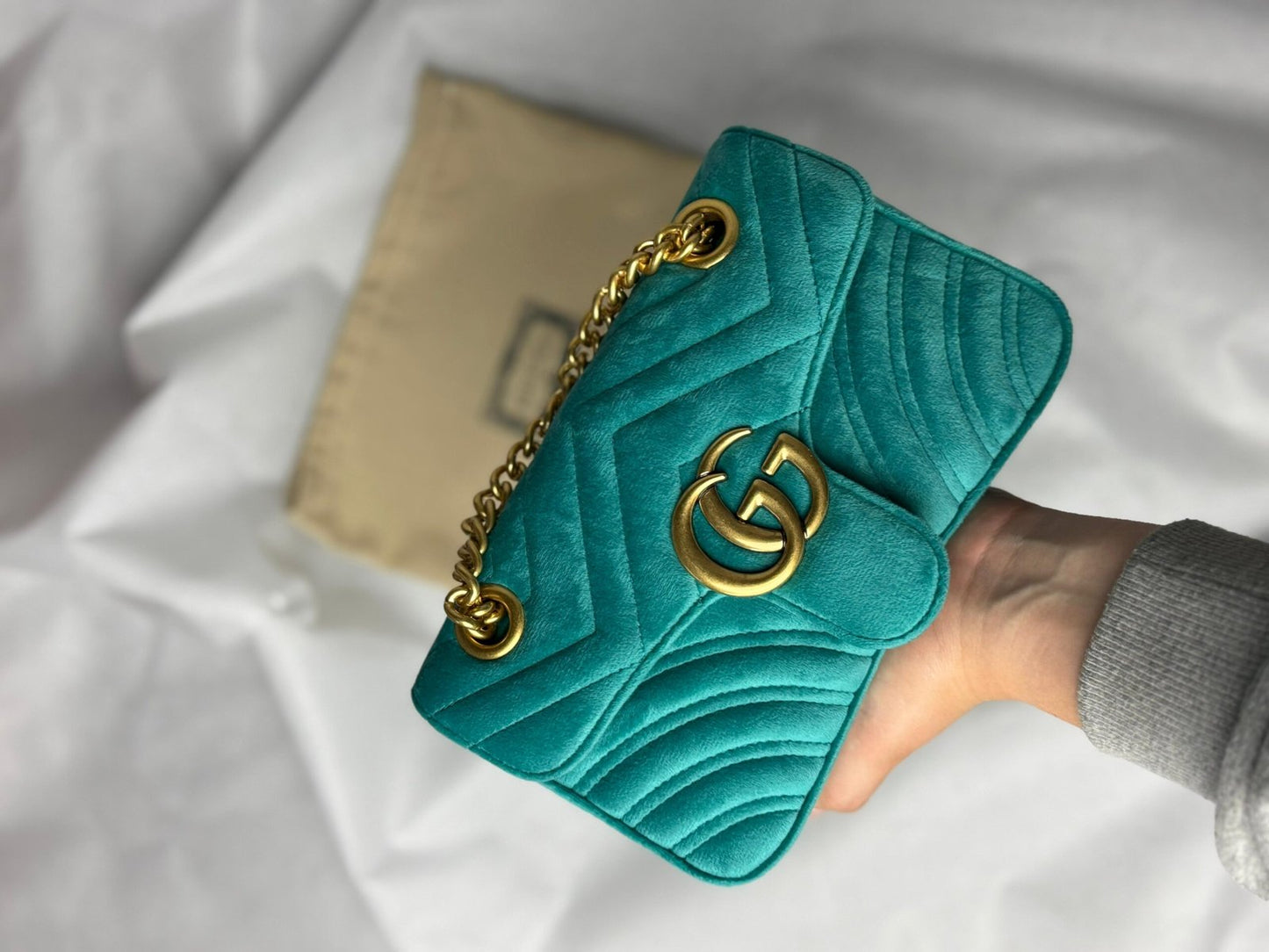Gucci Marmont shoulder bag “Petrol Blue velvet”, MINI