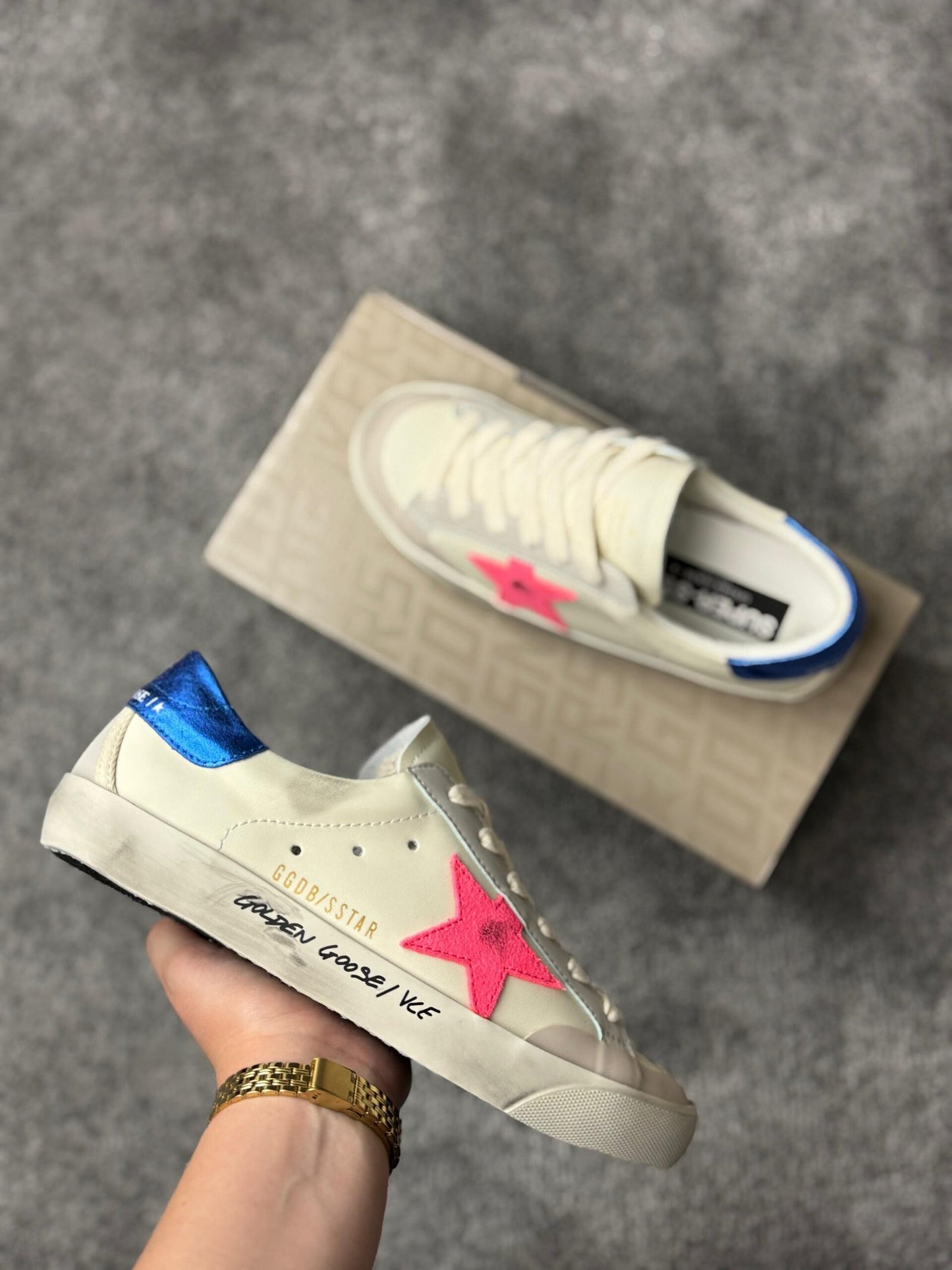 Golden Goose Hi Star Fuchsia star / Blue glitter