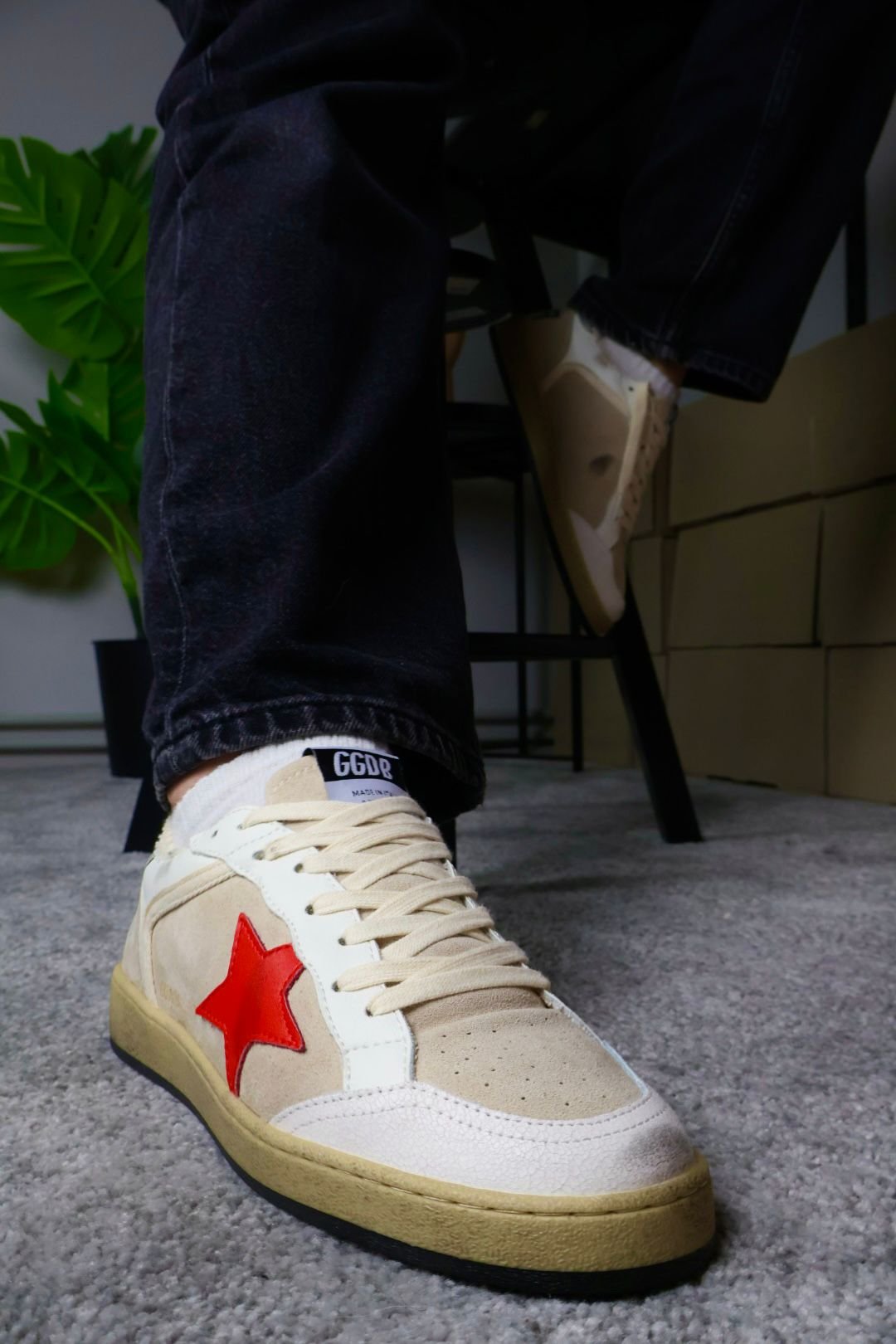 Golden Goose Taupe/White/Silver Red Star