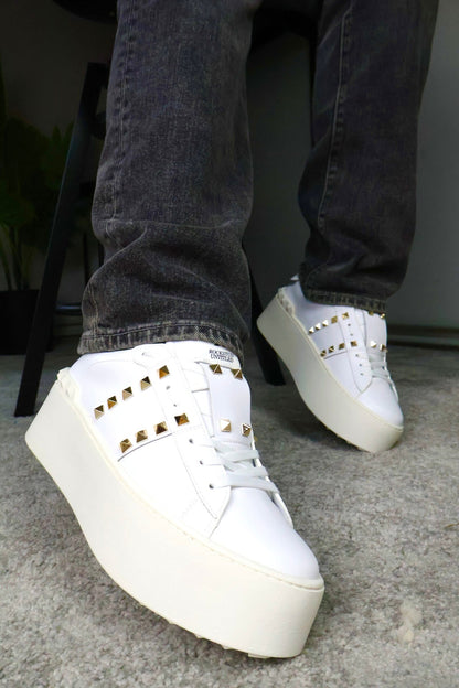 Valentino Garavani Rockstud White/Gold Leather Flatform