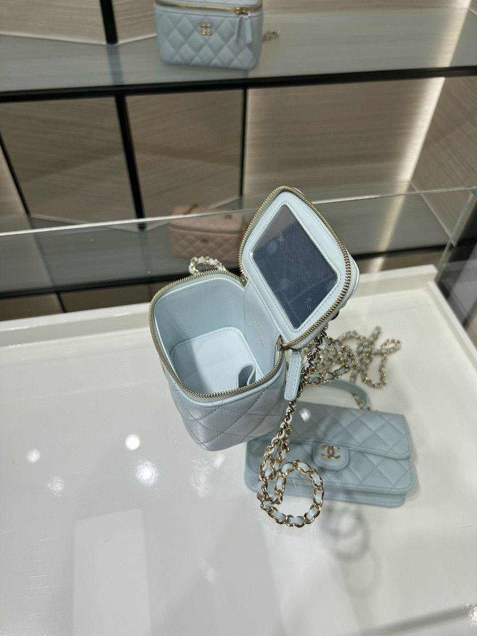 Chanel Mini Top Handle Vanity With Chain Light Blue Lambskin Gold Hard