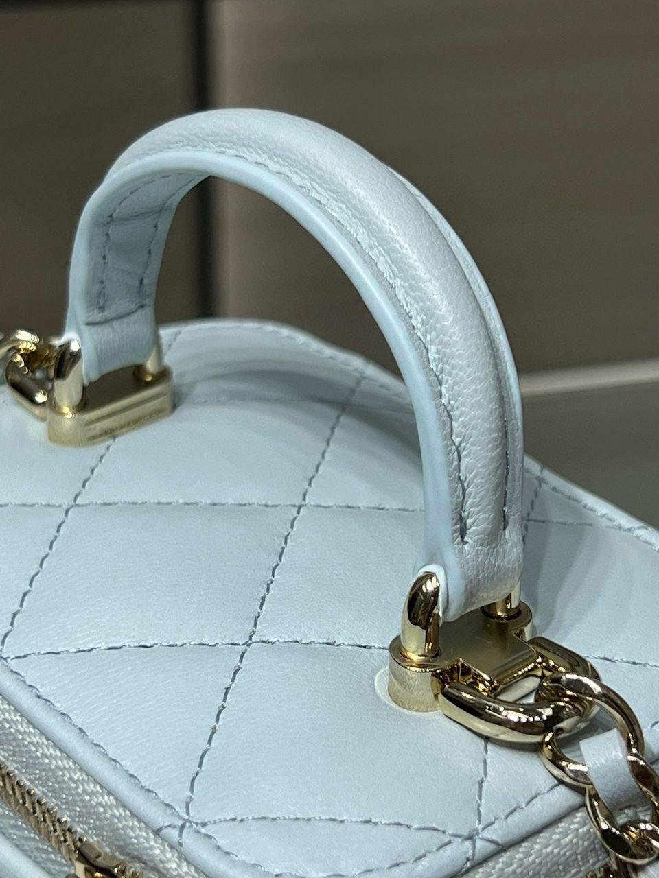 Chanel Mini Top Handle Vanity With Chain Light Blue Lambskin Gold Hard