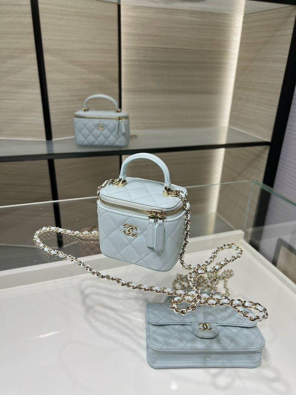 Chanel Mini Top Handle Vanity With Chain Light Blue Lambskin Gold Hard