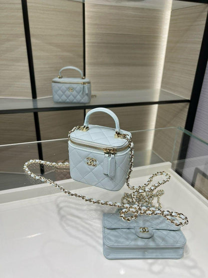 Chanel Mini Top Handle Vanity With Chain Light Blue Lambskin Gold Hard