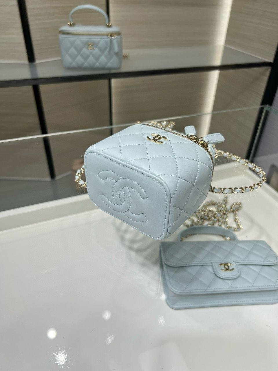 Chanel Mini Top Handle Vanity With Chain Light Blue Lambskin Gold Hard