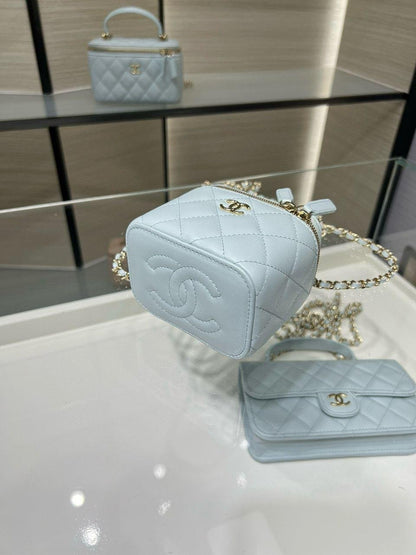 Chanel Mini Top Handle Vanity With Chain Light Blue Lambskin Gold Hard