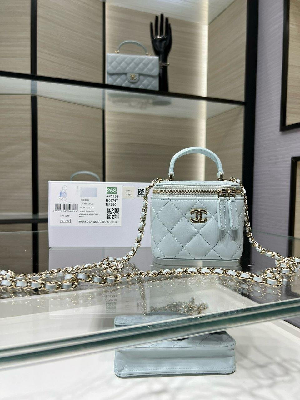 Chanel Mini Top Handle Vanity With Chain Light Blue Lambskin Gold Hard