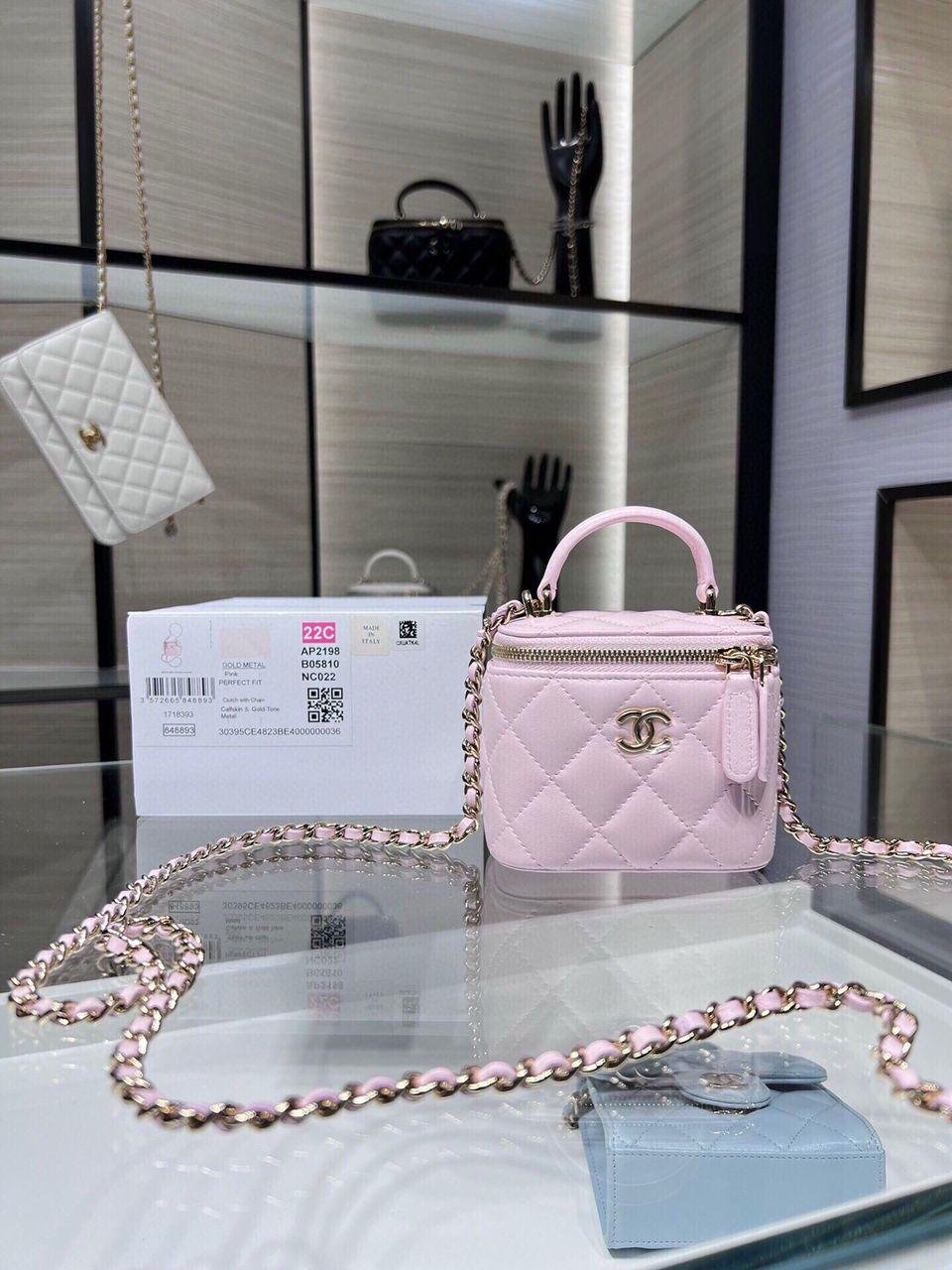 Chanel Mini Top Handle Vanity With Chain Light Pink Lambskin Gold Hard