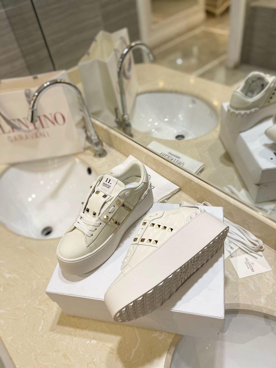 Valentino Garavani Rockstud White/Gold Leather Flatform