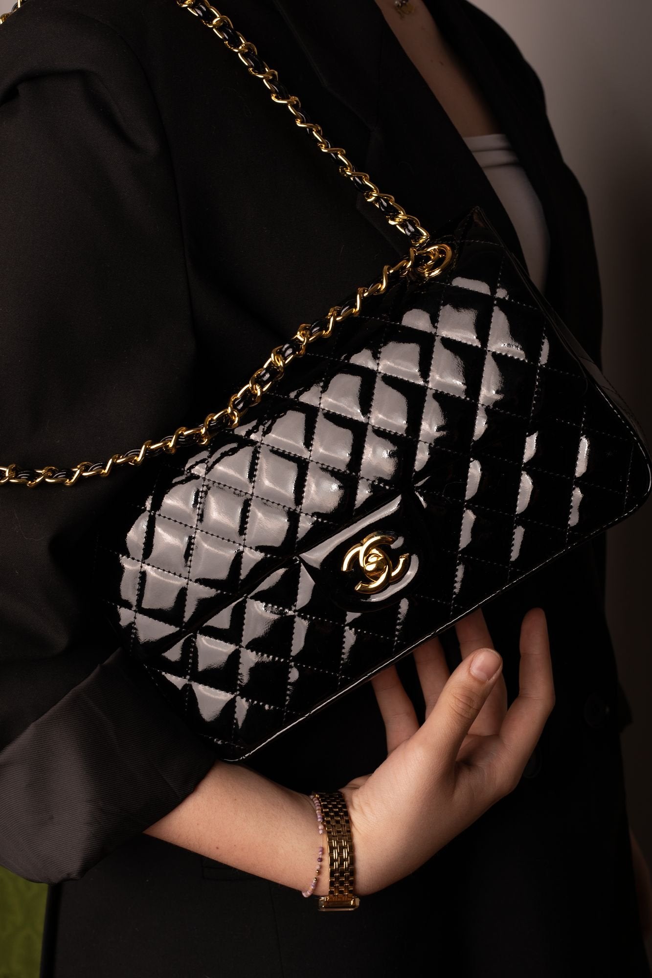 CHANEL Matelasse Double Face Chain Shoulder Bag Enamel Black